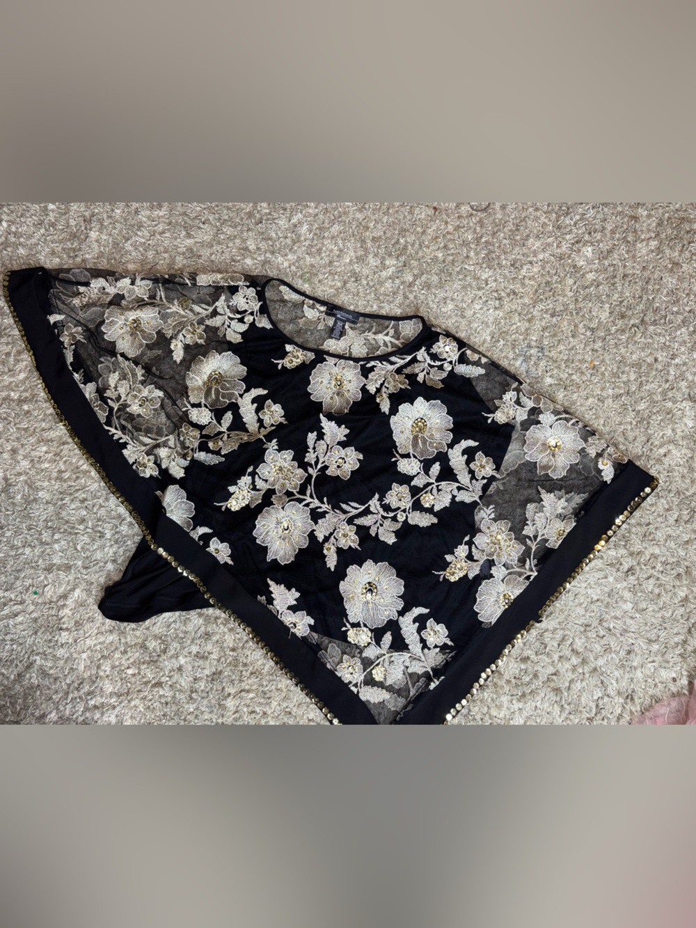 R&M Richards 16W Black Gold Floral Embroidered
Sequin Mesh Evening Top Plus